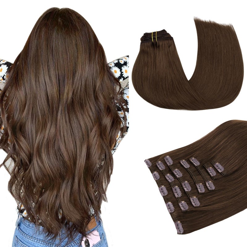 MAXITA Clip in Hair Extensions Real Human Hair 7 pcs Chocolate Brown 24 Inch 120g Clip ins Remy Hair Natural Straight Hair for Woman